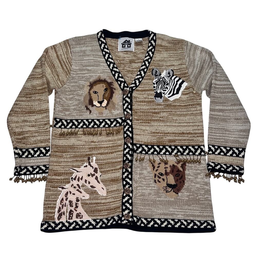 Storybook Knits Cardigan Sweater Womens Size S Safari Beaded Teacher Grandma 90s